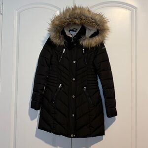 Laundry by Shelli Segal Black Puffer Coat w/ Faux Fur removable Hood XS
